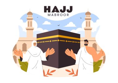 Hacc veya Umrah Mabroor Mabroor İllüstrasyonunda Müslümanlar Mekke 'ye hacca giderken Kabe ve Düz bir zeminde Cami' yi ziyaret ederler.