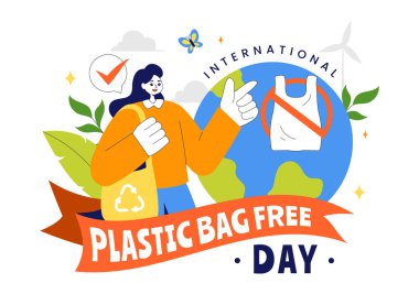 3 Temmuz 'da Uluslararası Plastik Poşetsiz Gündüz Vektör İlülasyonu: Go Green Message, Dünyayı ve Okyanus Temasını Çevre dostu Yaşam tarzında Koru