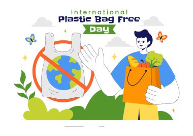 3 Temmuz 'da Uluslararası Plastik Poşetsiz Gündüz Vektör İlülasyonu: Go Green Message, Dünyayı ve Okyanus Temasını Çevre dostu Yaşam tarzında Koru