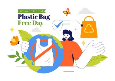 3 Temmuz 'da Uluslararası Plastik Poşetsiz Gündüz Vektör İlülasyonu: Go Green Message, Dünyayı ve Okyanus Temasını Çevre dostu Yaşam tarzında Koru