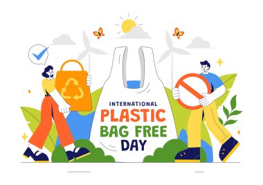 3 Temmuz 'da Uluslararası Plastik Poşetsiz Gündüz Vektör İlülasyonu: Go Green Message, Dünyayı ve Okyanus Temasını Çevre dostu Yaşam tarzında Koru