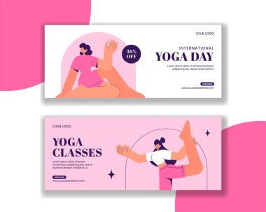 Düz ve Eğlenceli Çizgi Film Biçiminde Uluslararası Yoga Günü Yatay Afişi