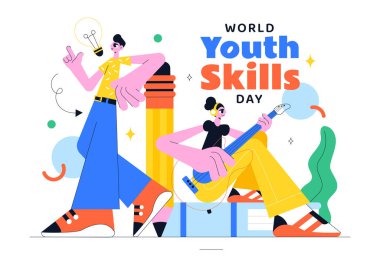 Dünya Gençlik Yetenekleri Günü Vektör Resimleri Çeşitli İş Bulma ve Girişimcilik Becerilerini Gösteren İnsanlar