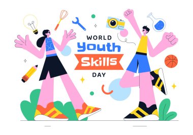 Dünya Gençlik Yetenekleri Günü Vektör Resimleri Çeşitli İş Bulma ve Girişimcilik Becerilerini Gösteren İnsanlar
