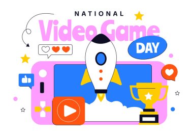 Modern Oyun Konsolu, Profesyonel Oyun Kurulumu ve Canlı Yayın Konsepti Arkaplanı 'nın yer aldığı Ulusal Video Oyunu Günü Vektör İllüstrasyonu