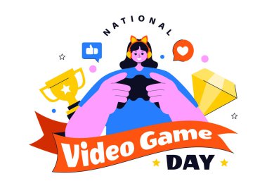 Modern Oyun Konsolu, Profesyonel Oyun Kurulumu ve Canlı Yayın Konsepti Arkaplanı 'nın yer aldığı Ulusal Video Oyunu Günü Vektör İllüstrasyonu