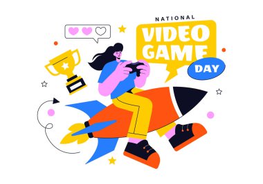 Modern Oyun Konsolu, Profesyonel Oyun Kurulumu ve Canlı Yayın Konsepti Arkaplanı 'nın yer aldığı Ulusal Video Oyunu Günü Vektör İllüstrasyonu