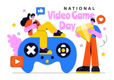 Modern Oyun Konsolu, Profesyonel Oyun Kurulumu ve Canlı Yayın Konsepti Arkaplanı 'nın yer aldığı Ulusal Video Oyunu Günü Vektör İllüstrasyonu
