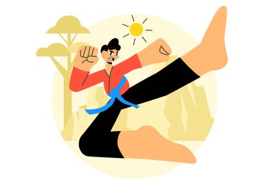 Yüksek Tekme Egzersizi Yapan, Karate Uygulayan veya Arka planda Dövüş Pozisyonları Gösteren Bir Atletle Dövüş Sanatları Vektörü İlülasyonu