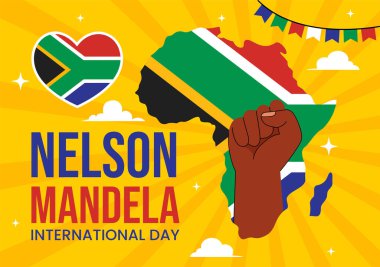Mutlu Nelson Mandela Uluslararası Gündüz Vektör İlülasyonu, 18 Temmuz 'da Güney Afrika Bayrağı ve Şeridi Düz Tarzlı Çizgi Film Arkaplanda