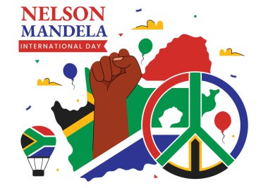Mutlu Nelson Mandela Uluslararası Gündüz Vektör İlülasyonu, 18 Temmuz 'da Güney Afrika Bayrağı ve Şeridi Düz Tarzlı Çizgi Film Arkaplanda