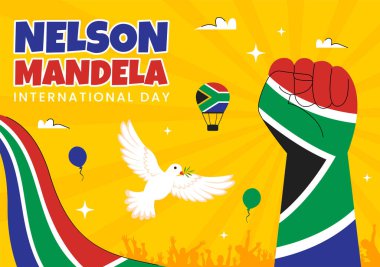 Mutlu Nelson Mandela Uluslararası Gündüz Vektör İlülasyonu, 18 Temmuz 'da Güney Afrika Bayrağı ve Şeridi Düz Tarzlı Çizgi Film Arkaplanda