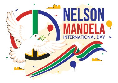 Mutlu Nelson Mandela Uluslararası Gündüz Vektör İlülasyonu, 18 Temmuz 'da Güney Afrika Bayrağı ve Şeridi Düz Tarzlı Çizgi Film Arkaplanda
