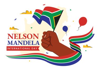 Mutlu Nelson Mandela Uluslararası Gündüz Vektör İlülasyonu, 18 Temmuz 'da Güney Afrika Bayrağı ve Şeridi Düz Tarzlı Çizgi Film Arkaplanda