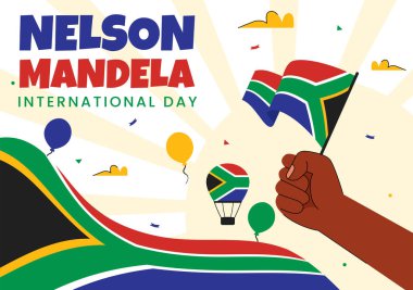 Mutlu Nelson Mandela Uluslararası Gündüz Vektör İlülasyonu, 18 Temmuz 'da Güney Afrika Bayrağı ve Şeridi Düz Tarzlı Çizgi Film Arkaplanda