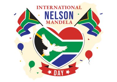 Mutlu Nelson Mandela Uluslararası Gündüz Vektör İlülasyonu, 18 Temmuz 'da Güney Afrika Bayrağı ve Şeridi Düz Tarzlı Çizgi Film Arkaplanda