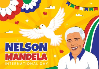 Mutlu Nelson Mandela Uluslararası Gündüz Vektör İlülasyonu, 18 Temmuz 'da Güney Afrika Bayrağı ve Şeridi Düz Tarzlı Çizgi Film Arkaplanda