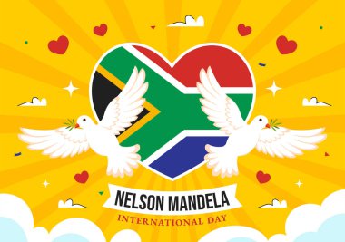 Mutlu Nelson Mandela Uluslararası Gündüz Vektör İlülasyonu, 18 Temmuz 'da Güney Afrika Bayrağı ve Şeridi Düz Tarzlı Çizgi Film Arkaplanda