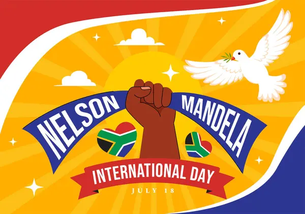 Mutlu Nelson Mandela Uluslararası Gündüz Vektör İlülasyonu, 18 Temmuz 'da Güney Afrika Bayrağı ve Şeridi Düz Tarzlı Çizgi Film Arkaplanda