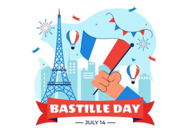 Fransız Bayrağı, Kurdelesi ve Eyfel Kulesi 'nin yer aldığı 14 Temmuz' daki Bastille Günü Vektör İllüzyonunuz kutlu olsun.