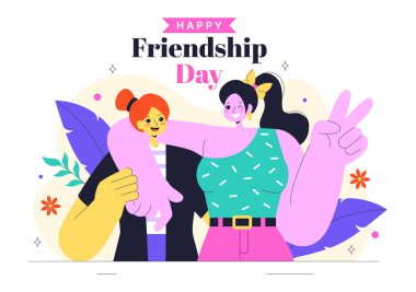 Mutlu Dostluk Günü Vektör İllüstrasyonları Genç Kız ve Oğlanların Sarıldığı ya da Düz Arkaplanda Ellerini Birleştirdiği