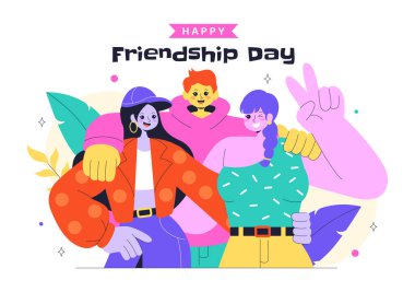 Mutlu Dostluk Günü Vektör İllüstrasyonları Genç Kız ve Oğlanların Sarıldığı ya da Düz Arkaplanda Ellerini Birleştirdiği