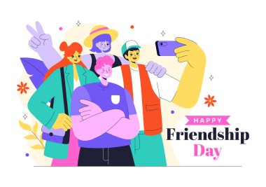 Mutlu Dostluk Günü Vektör İllüstrasyonları Genç Kız ve Oğlanların Sarıldığı ya da Düz Arkaplanda Ellerini Birleştirdiği