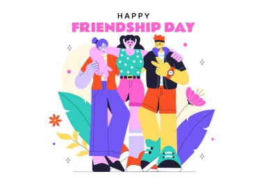Mutlu Dostluk Günü Vektör İllüstrasyonları Genç Kız ve Oğlanların Sarıldığı ya da Düz Arkaplanda Ellerini Birleştirdiği