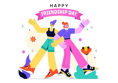 Mutlu Dostluk Günü Vektör İllüstrasyonları Genç Kız ve Oğlanların Sarıldığı ya da Düz Arkaplanda Ellerini Birleştirdiği