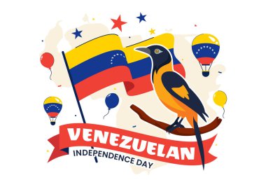 5 Temmuz 'da Ulusal Bayrak, Balon ve Konfeti' nin katılımıyla Venezuela 'nın Bağımsızlık Günü Vektör İllüstrasyonunuz kutlu olsun.