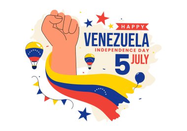 5 Temmuz 'da Ulusal Bayrak, Balon ve Konfeti' nin katılımıyla Venezuela 'nın Bağımsızlık Günü Vektör İllüstrasyonunuz kutlu olsun.