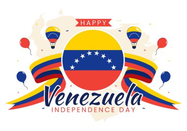 5 Temmuz 'da Ulusal Bayrak, Balon ve Konfeti' nin katılımıyla Venezuela 'nın Bağımsızlık Günü Vektör İllüstrasyonunuz kutlu olsun.