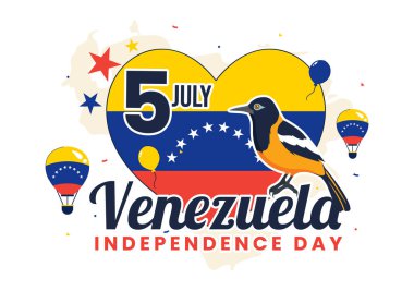 5 Temmuz 'da Ulusal Bayrak, Balon ve Konfeti' nin katılımıyla Venezuela 'nın Bağımsızlık Günü Vektör İllüstrasyonunuz kutlu olsun.
