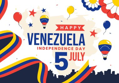 5 Temmuz 'da Ulusal Bayrak, Balon ve Konfeti' nin katılımıyla Venezuela 'nın Bağımsızlık Günü Vektör İllüstrasyonunuz kutlu olsun.