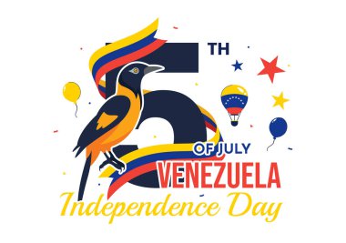 5 Temmuz 'da Ulusal Bayrak, Balon ve Konfeti' nin katılımıyla Venezuela 'nın Bağımsızlık Günü Vektör İllüstrasyonunuz kutlu olsun.