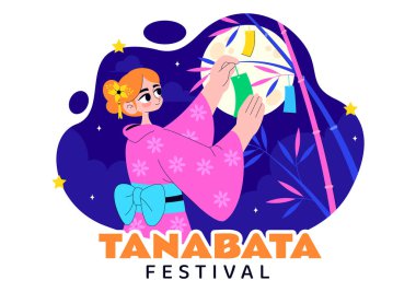 Tanabata Japonya Festivali Vektör İllüstrasyonunda Kimono ve Şakayık Çiçekleri Ulusal Tatil Biçimli Çizgi Film Arkaplanı