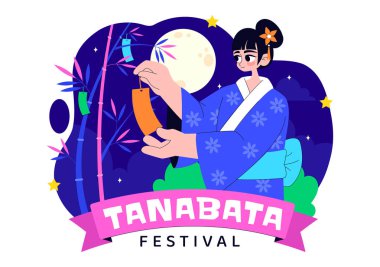 Tanabata Japonya Festivali Vektör İllüstrasyonunda Kimono ve Şakayık Çiçekleri Ulusal Tatil Biçimli Çizgi Film Arkaplanı