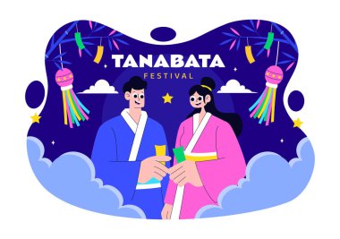 Tanabata Japonya Festivali Vektör İllüstrasyonunda Kimono ve Şakayık Çiçekleri Ulusal Tatil Biçimli Çizgi Film Arkaplanı