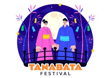 Tanabata Japonya Festivali Vektör İllüstrasyonunda Kimono ve Şakayık Çiçekleri Ulusal Tatil Biçimli Çizgi Film Arkaplanı