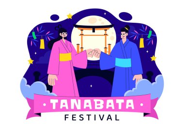 Tanabata Japonya Festivali Vektör İllüstrasyonunda Kimono ve Şakayık Çiçekleri Ulusal Tatil Biçimli Çizgi Film Arkaplanı