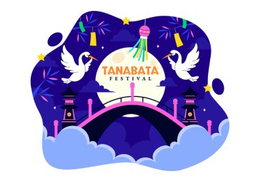 Tanabata Japonya Festivali Vektör İllüstrasyonunda Kimono ve Şakayık Çiçekleri Ulusal Tatil Biçimli Çizgi Film Arkaplanı