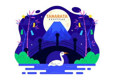 Tanabata Japonya Festivali Vektör İllüstrasyonunda Kimono ve Şakayık Çiçekleri Ulusal Tatil Biçimli Çizgi Film Arkaplanı