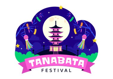 Tanabata Japonya Festivali Vektör İllüstrasyonunda Kimono ve Şakayık Çiçekleri Ulusal Tatil Biçimli Çizgi Film Arkaplanı