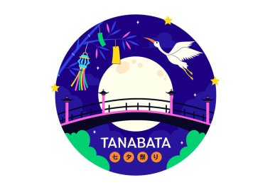 Tanabata Japonya Festivali Vektör İllüstrasyonunda Kimono ve Şakayık Çiçekleri Ulusal Tatil Biçimli Çizgi Film Arkaplanı