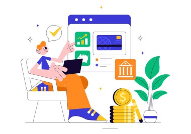 Cep Telefonu ve Kablosuz Para Aktarımları için Kredi ve Banka Kartları Arkaplanı kullanılarak Cüzdan Ödeme Uygulamasını içeren Mobil Bankacı İllüstrasyonu