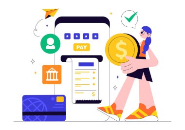 Cep Telefonu ve Kablosuz Para Aktarımları için Kredi ve Banka Kartları Arkaplanı kullanılarak Cüzdan Ödeme Uygulamasını içeren Mobil Bankacı İllüstrasyonu