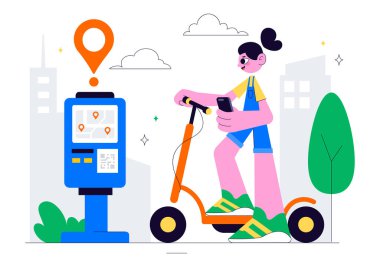 Hızlı ve Çevre dostu bir Arkaplan Arkaplanında Hızlı ve Çevresel Sürüş İçin Taşımacılık içeren Elektrikli Scooter Kiralama Servisi Vektör İlüstrasyonu