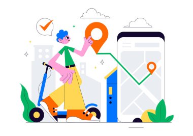 Hızlı ve Çevre dostu bir Arkaplan Arkaplanında Hızlı ve Çevresel Sürüş İçin Taşımacılık içeren Elektrikli Scooter Kiralama Servisi Vektör İlüstrasyonu