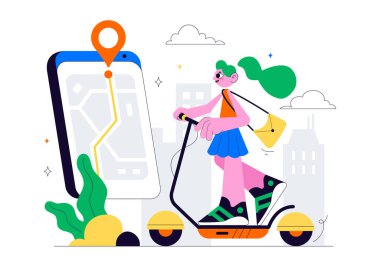 Hızlı ve Çevre dostu bir Arkaplan Arkaplanında Hızlı ve Çevresel Sürüş İçin Taşımacılık içeren Elektrikli Scooter Kiralama Servisi Vektör İlüstrasyonu