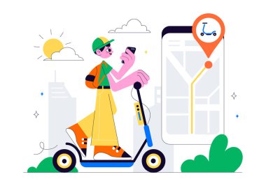 Hızlı ve Çevre dostu bir Arkaplan Arkaplanında Hızlı ve Çevresel Sürüş İçin Taşımacılık içeren Elektrikli Scooter Kiralama Servisi Vektör İlüstrasyonu